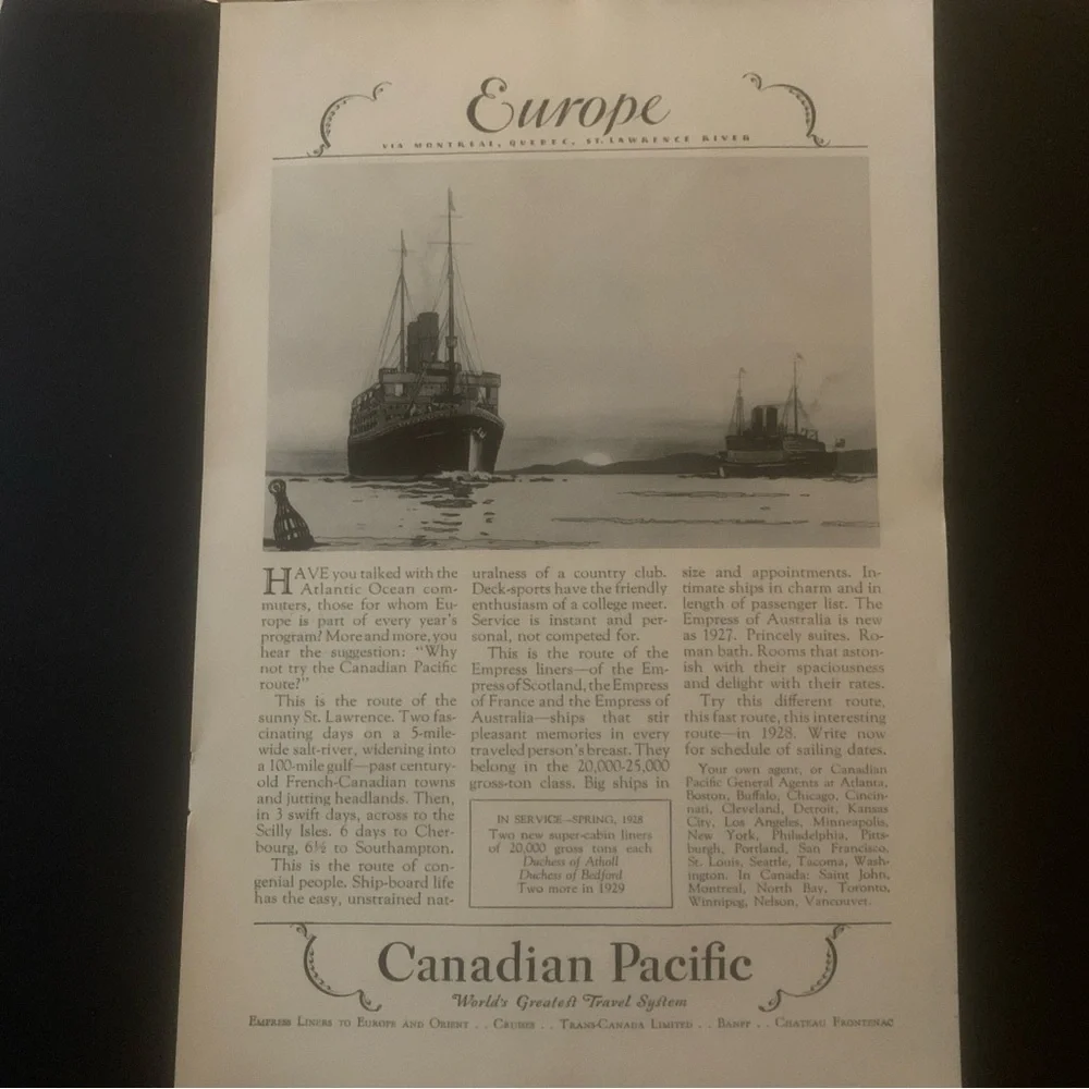 Vintage 1928 Canadian Pacific Europe Cruise Ad Advertisement